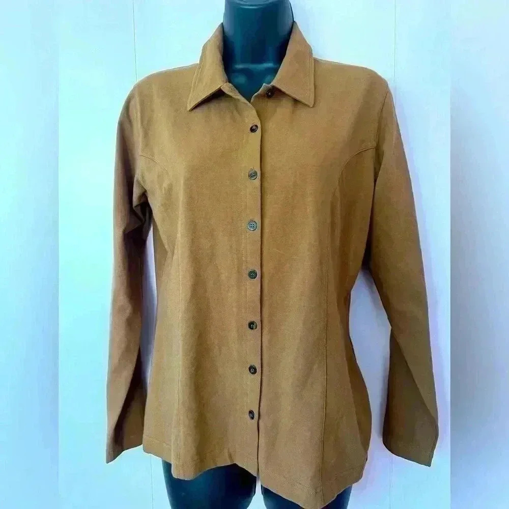 Telluride Clothing Co Women Shirt Faux Suede Look Button Up Camel Pocket Size M